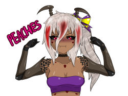Rule 34 | absurdres, alien, arthropod girl, black sclera, bow, breasts, choker, colored sclera, cpt.tester works, dark skin, flexing, grey sclera, highres, peaches (cpt.tester), ponytail, pout, side ponytail, small breasts, strapless, tattoo, tube top, white hair