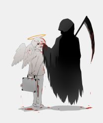 Rule 34 | 1boy, 1other, :d, angel, angel wings, arms behind back, avogado6, blood, blood drip, blood on face, blood splatter, bloody weapon, colored skin, death (entity), entrails, feathered wings, guro, halo, highres, holding, holding suitcase, jacket, open mouth, organs, original, pants, red eyes, scythe, shoes, simple background, smile, suitcase, weapon, white background, white footwear, white hair, white jacket, white pants, white skin, white wings, wings