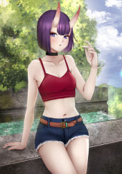 Rule 34 | 1girl, belt, blue shorts, blue sky, blush, bob cut, breasts, camisole, choker, contemporary, crop top, cutoffs, denim, denim shorts, eyeliner, fate/grand order, fate (series), horns, looking at viewer, makeup, midriff, navel, oni, open mouth, purple eyes, purple hair, red camisole, selarz, short hair, short shorts, shorts, shuten douji (fate), skin-covered horns, sky, small breasts, solo, tree, water