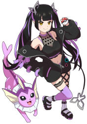 Rule 34 | 1girl, absurdres, black footwear, black hair, black jacket, black ribbon, black shirt, blunt bangs, blush, boots, breasts, cleavage, closed mouth, commentary request, creatures (company), crop top, demon girl, demon horns, demon tail, full body, game freak, gen 1 pokemon, hand in pocket, heart, heart print, highres, holding, holding poke ball, horns, jacket, kojo anna, kojo anna (1st costume), leg ribbon, long hair, long sleeves, looking at viewer, medium breasts, meotora tempura, midriff, multicolored footwear, multicolored hair, nanashi inc., navel, nintendo, off shoulder, open clothes, open jacket, pointy ears, poke ball, pokemon, pokemon (creature), print shirt, purple footwear, purple hair, ribbon, see-through, see-through cleavage, see-through shirt, shirt, simple background, single thighhigh, sleeveless, sleeveless shirt, smile, sugar lyric, tail, thigh strap, thighhighs, twintails, two-tone hair, vaporeon, virtual youtuber, white background, white footwear, yellow eyes, zipper