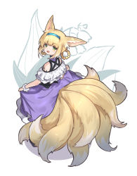Rule 34 | 1girl, animal ears, arknights, blonde hair, blush, fox ears, fox girl, fox tail, green eyes, hair rings, hairband, highres, looking at viewer, looking back, mabing, material growth, multiple tails, open mouth, oripathy lesion (arknights), purple skirt, shirt, short hair, skirt, skirt hold, smile, solo, standing, suzuran (arknights), tail, white shirt, wrist cuffs