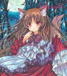 Rule 34 | 1girl, :o, animal ear fluff, animal ears, bamboo, blue background, bow, bowtie, brown hair, cowboy shot, frilled shirt collar, frilled skirt, frilled sleeves, frills, hand to own mouth, imaizumi kagerou, juliet sleeves, long hair, long sleeves, looking at viewer, marker (medium), moon, night, open mouth, outdoors, puffy sleeves, purple bow, purple bowtie, red eyes, red skirt, rui (sugar3), sample watermark, shirt, skirt, skirt hold, solo, touhou, traditional media, very long hair, watermark, white bow, white bowtie, white shirt, wolf ears