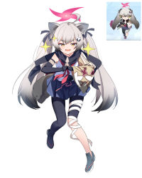Rule 34 | 1girl, animal ears, blue archive, chibi, deatheach, detached sleeves, full body, grey hair, hair ornament, halo, highres, long hair, looking at viewer, michiru (blue archive), open mouth, reference inset, scarf, smug, solo, sparkle, tail, twintails, yellow eyes