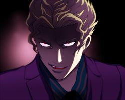 Rule 34 | 1boy, bad id, bad pixiv id, death note, derivative work, formal, glowing, glowing eyes, jojo no kimyou na bouken, just as planned (meme), kira yoshikage, male focus, meme, name connection, necktie, parody, red eyes, smile, solo, suit, yagami light
