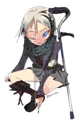 Rule 34 | amiami, amputee, bikko, blue eyes, boots, borrowed character, cigarette, crutch, jacket, looking at viewer, multicolored hair, original, parted lips, scar, scarf, sitting, skirt