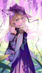 Rule 34 | 1girl, alternate costume, aqua eyes, bare shoulders, black gloves, blurry, blurry foreground, closed mouth, commentary request, cowboy shot, day, detached sleeves, dress, fingerless gloves, floral print, gloves, grass, hand up, hat, kurumi noah, light brown hair, long dress, long hair, looking at viewer, nail polish, outdoors, purple dress, purple hat, purple nails, solo, standing, virtual youtuber, vspo!, wide sleeves, xyunx