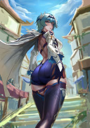 Rule 34 | 1girl, absurdres, arecus, ass, ass support, backless leotard, backless outfit, bare back, black gloves, black hairband, blue hair, blue leotard, blue sky, blurry, blurry background, breasts, cape, closed mouth, cloud, day, depth of field, detached sleeves, eula (genshin impact), female focus, from behind, genshin impact, gloves, hairband, highres, house, leotard, looking at viewer, looking back, medium breasts, medium hair, outdoors, purple thighhighs, sky, solo, stairs, standing, thighhighs, thighs, walking, white cape, wide sleeves, yellow eyes