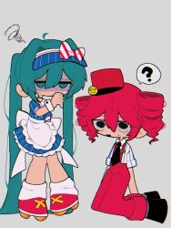 2girls ? @_@ absurdly_long_hair ahoge apron aqua_eyes back_bow black_eyes black_footwear black_necktie blue_dress blue_hat blue_shirt bow chromatic_aberration collared_shirt commentary_request covering_own_mouth diagonal-striped_bow double-parted_bangs dress drill_hair empty_eyes full_body grey_background hair_between_eyes hat hat_bow hat_ornament hatsune_miku kasane_teto kneeling long_hair mesmerizer_(vocaloid) multiple_girls necktie pants pigeon-toed puffy_short_sleeves puffy_sleeves red_bow red_footwear red_hat red_pants roller_skates shaded_face shako_cap shiba_inu_(j1piwzrj8xdzywk) shirt short_hair short_sleeves simple_background skates socks spoken_question_mark squiggle standing striped_clothes striped_dress striped_shirt suspenders sweat sweatdrop twin_drills twintails two-tone_bow two-tone_shirt utau vertical-striped_clothes vertical-striped_dress vertical-striped_shirt very_long_hair visor_cap vocaloid waist_apron white_apron white_bow white_shirt white_socks white_wrist_cuffs wrist_cuffs