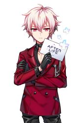 Rule 34 | 1boy, afterl!fe, closed mouth, copyright name, crossed arms, ear piercing, earrings, gloves, highres, hwaen, jewelry, long sleeves, looking at viewer, male focus, piercing, pink eyes, pink hair, short hair, sian (afterl!fe), sign, solo, white background