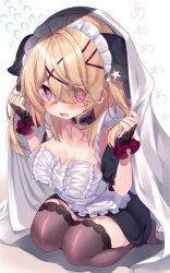 Rule 34 | 1girl, @ @, apron, black thighhighs, blonde hair, blush, breasts, clumsy, commentary request, dizzy, frilled apron, frills, hair between eyes, hair ribbon, heterochromia, holding, kneeling, ko yu, large breasts, maid, maid headdress, medium hair, open mouth, original, ribbon, sleeveless, solo, star (symbol), sweatdrop, tearing up, thighhighs, thighs, towel, towel on head