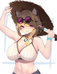 Rule 34 | 1girl, absurdres, animal ear fluff, animal ears, aqua nails, arknights, arms up, bikini, blonde hair, breasts, cleavage, crazy straw, drinking straw, eyewear on head, grey bikini, hair ornament, hat, highres, holding, jewelry, large breasts, looking at viewer, mari0ball, medium hair, nail polish, official alternate costume, parted lips, pendant, purple-tinted eyewear, purple eyes, smile, solo, straw hat, striped bikini, striped clothes, sunglasses, swimsuit, tinted eyewear, utage (arknights), utage (summer flowers) (arknights), vertical-striped bikini, vertical-striped clothes, wristband, x hair ornament