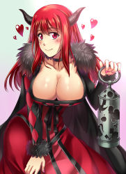 Rule 34 | 10s, 1girl, argyle, blush, breasts, choker, cleavage, dress, heart, highres, horns, huge breasts, long hair, looking at viewer, maou (maoyuu), maoyuu maou yuusha, nail polish, red dress, red eyes, red hair, smile, solo, songwut ouppakarndee