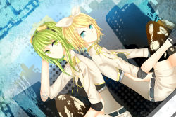 Rule 34 | 2girls, arm behind head, back-to-back, belt, black gloves, blonde hair, blue eyes, building, enpitsu, gloves, goggles, goggles on head, green eyes, green hair, gumi, hair ornament, hairclip, highres, invisible (vocaloid), kagamine rin, legs, looking at viewer, midriff, multiple girls, shorts, sitting, smile, thighhighs, thighs, torn clothes, torn hair ribbon, torn legwear, vocaloid, 鉛✎笔