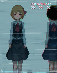 Rule 34 | 1girl, ascot, black skirt, blonde hair, blouse, cowboy shot, darkness, dated, empty eyes, feet out of frame, long sleeves, pixelated, red ascot, red eyes, roke (taikodon), rumia, shirt, short hair, skirt, standing, timestamp, touhou, vhs artifacts, white shirt