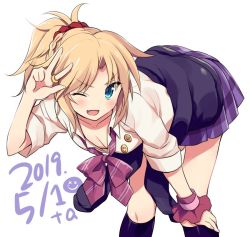 Rule 34 | 1girl, ;d, black one-piece swimsuit, black socks, blonde hair, blue skirt, blush, bow, bowtie, braid, breasts, buttons, cleavage, clothes around waist, collared shirt, commentary request, dated, diagonal-striped bow, diagonal-striped neckwear, downblouse, fang, fate/apocrypha, fate (series), french braid, green eyes, hair ornament, hair scrunchie, hand on own knee, jewelry, kneehighs, leaning forward, light blush, looking at viewer, medium breasts, medium hair, miniskirt, mordred (fate), mordred (fate/apocrypha), odawara hakone, one-piece swimsuit, one eye closed, open mouth, parted bangs, peace symbol, plaid, plaid skirt, pleated skirt, purple bow, purple bowtie, red scrunchie, ring, school uniform, scrunchie, shirt, short sleeves, skirt, smile, smiley face, socks, solo, standing, striped bow, striped bowtie, striped clothes, striped neckwear, sweater, sweater around waist, swimsuit, v, v-shaped eyebrows, w, white shirt, wrist cuffs