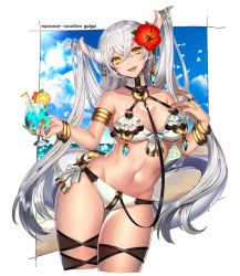 Rule 34 | 1girl, :d, bad id, bad twitter id, bikini, breasts, cleavage, cowboy shot, cropped legs, crossed bangs, cup, curvy, drinking glass, drinking straw, earrings, fingernails, flower, food, fruit, gold, hair flower, hair ornament, highres, horns, huge breasts, ice, ice cube, jewelry, katagiri hachigou, long fingernails, long hair, looking at viewer, nail polish, navel, o-ring, open mouth, orange (fruit), orange nails, orange slice, original, pointy ears, sharp fingernails, silver hair, smile, solo, standing, swimsuit, tail, teeth, thigh gap, twintails, very long hair, wide hips, yellow eyes