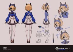 Rule 34 | 1girl, animal ears, aqua eyes, aria (phantom rose), arms at sides, ascot, black ascot, black skirt, blonde hair, blood, bloody knife, blue eyes, blue hairband, blue shirt, bob cut, brown footwear, character name, character sheet, closed mouth, collared shirt, commentary, copyright name, criss-cross back-straps, cropped legs, cropped torso, fake animal ears, flat chest, from behind, from side, full body, grey background, hair over one eye, hairband, high-waist skirt, high heels, holding, holding knife, kneepits, knife, light smile, loafers, long bangs, long sleeves, looking at viewer, makaroll, miniskirt, multiple views, o o, open hands, pantyhose, phantom rose, pleated skirt, portrait, profile, puffy long sleeves, puffy sleeves, shirt, shoes, short hair, skirt, sleeves past wrists, standing, straight-on, suspender skirt, suspenders, swept bangs, turnaround, two-tone eyes, two-tone skirt, upper body, wavy mouth, white pantyhose, white skirt