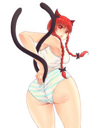 Rule 34 | 1girl, animal ears, armpits, ass, bad id, bad pixiv id, bare arms, bare shoulders, braid, breasts, cat ears, cat tail, kaenbyou rin, large breasts, long hair, looking at viewer, looking back, multiple tails, nekomata, no pants, open mouth, panties, red eyes, red hair, simple background, solo, striped clothes, striped panties, tail, touhou, twin braids, undershirt, underwear, underwear only, white background, x&amp;x&amp;x