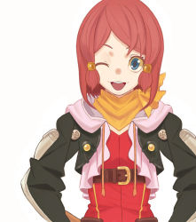 Rule 34 | 10s, 1girl, black jacket, blue eyes, jacket, looking at viewer, one eye closed, open mouth, red hair, rose (tales), scarf, simple background, smile, solo, tales of (series), tales of zestiria, white background, wink, yellow scarf, yuuki (irodo rhythm)