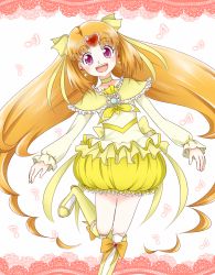 Rule 34 | 10s, 1girl, :d, boots, bow, brooch, brown hair, bubble skirt, choker, circlet, cure muse, cure muse (yellow), earrings, frills, hair bow, heart, hiranotch, jewelry, knee boots, long hair, magical girl, open mouth, pink eyes, precure, shirabe ako, skirt, smile, solo, standing, standing on one leg, suite precure, yellow bow, yellow skirt