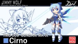 Rule 34 | 1girl, armor, assault rifle, blue eyes, blue gloves, blue hair, bow, cirno, crossover, fingerless gloves, gloves, gun, gundam, hair bow, langbazi, matching hair/eyes, mecha musume, mechanical arms, mechanical legs, one-piece swimsuit, rifle, school swimsuit, smile, solo, swimsuit, thighhighs, touhou, weapon, white thighhighs