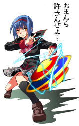 Rule 34 | 1girl, black socks, blue hair, bow, brown footwear, electricity, fighting stance, full body, hairband, kneehighs, little busters!, loafers, looking at viewer, mgk968, nishizono mio, pink bow, shoes, short hair, simple background, socks, solo, translated, white background, yellow eyes