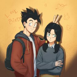 Rule 34 | 1boy, 1girl, aqua eyes, arrow through heart, backpack, bag, black eyes, black hair, bunny ears prank, collared shirt, commentary, crossed arms, dragon ball, dragonball z, english commentary, furrowed brow, grey sweater, hair tubes, heart, highres, hood, hooded jacket, jacket, jenxd d, low twintails, red jacket, shirt, sleeves past wrists, smile, son gohan, sweater, twintails, videl