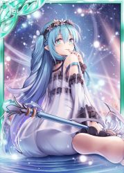 Rule 34 | 1girl, akkijin, aqua eyes, aqua hair, ass, bare shoulders, blue sky, dress, elf, finger to mouth, flower, hair flower, hair ornament, holding, holding staff, holding weapon, long hair, looking at viewer, no shoes, official art, pointy ears, seiza, shinkai no valkyrie, sitting, sky, staff, weapon, white dress, wreath