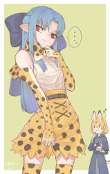 Rule 34 | 2girls, :3, animal ears, bare shoulders, blonde hair, blue bow, blue coat, blue hair, bow, bowtie, cake, coat, cosplay, costume switch, cowboy shot, don3, eating, elbow gloves, extra ears, food, fur collar, gloves, hair bow, highres, kemono friends, len (tsukihime), len (tsukihime) (cosplay), long coat, long hair, multiple girls, pointy ears, print gloves, print legwear, print neckwear, print skirt, red eyes, serval (kemono friends), serval (kemono friends) (cosplay), serval print, serval tail, short hair, skirt, sleeveless, tail, thighhighs, traditional bowtie, tsukihime, zettai ryouiki