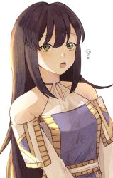 Rule 34 | 1girl, ?, black hair, breasts, detached sleeves, dress, gensou suikoden, gensou suikoden i, green eyes, highres, korunosabu, long hair, looking at viewer, open mouth, simple background, small breasts, smile, solo, viki (suikoden), white background