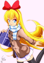 Rule 34 | 1girl, bag, black thighhighs, blonde hair, blue eyes, bow, brown coat, closed mouth, coat, dokidoki! precure, floating hair, grey background, hair between eyes, hair bow, hairband, holding, holding bag, long hair, long sleeves, looking at viewer, miniskirt, mouth hold, pleated skirt, precure, red bow, red hairband, regina (dokidoki! precure), scarf, school bag, simple background, skirt, solo, standing, standing on one leg, striped clothes, striped scarf, thighhighs, tomo5656ky, very long hair, white skirt, zettai ryouiki