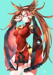 Rule 34 | 1girl, aqua background, bespectacled, breasts, brown eyes, brown hair, chinese clothes, dress, covered erect nipples, glasses, guilty gear, guilty gear xrd, highres, impossible clothes, impossible dress, kuradoberi jam, long hair, makai, perky breasts, red-framed eyewear, signature, simple background, solo, thigh cut, thighs, very long hair