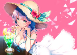 Rule 34 | 1girl, bad id, bad pixiv id, bangle, blush, bracelet, breast rest, breasts, cleavage, crazy straw, dress, drink, drinking straw, flower, food, green eyes, hair over shoulder, hat, hat flower, hat ribbon, head rest, ice cream, jewelry, kat (bu-kunn), large breasts, long hair, looking at viewer, original, pink background, purple hair, ribbon, ribbon-trimmed dress, simple background, solo, strap slip, straw hat, sun hat, sundress, white dress