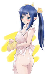 Rule 34 | 1girl, apron, blue hair, cowboy shot, female focus, from behind, hima, horns, looking at viewer, lowres, momotarou densetsu, naked apron, pointy ears, simple background, single horn, solo, tareme, twintails, two-tone background, white background, yashahime (momotarou densetsu), yellow background