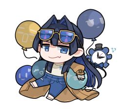 Rule 34 | 1girl, :3, = =, ^ ^, balloon, blue eyes, blue hair, boros (ouro kronii), chibi, clipe, closed eyes, coat, denim, eyewear on head, fang, hair ornament, hat, hololive, hololive english, jeans, jitome, kronie (ouro kronii), long hair, looking at viewer, official alternate costume, open mouth, ouro kronii, pants, skin fang, smirk, solo, sunglasses, top hat, torn clothes, torn jeans, torn pants, trench coat, virtual youtuber