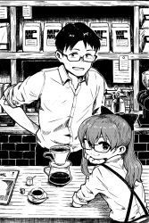 Rule 34 | 1boy, 1girl, bow, cafe, coffee, coffee beans, coffee cup, coffee grinder, coffee maker, collared shirt, cup, disposable cup, glasses, greyscale, hair bow, hand on own chin, highres, indoors, kawatarou, monochrome, original, ponytail, saucer, shirt, sleeves rolled up, smile, suspenders, upper body