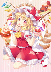 Rule 34 | 1girl, ascot, blonde hair, blush, bow, commentary request, cream puff, crystal, eyelashes, flandre scarlet, food, frilled shirt collar, frills, hair ribbon, hat, hat ribbon, holding, holding food, ice cream, licking, licking finger, looking at viewer, mary janes, mimi (mimi puru), mob cap, nail polish, open mouth, pancake, pink background, pointy ears, puffy short sleeves, puffy sleeves, rainbow order, red bow, red eyes, red footwear, red nails, red ribbon, red skirt, red vest, ribbon, shoes, short hair, short sleeves, sidelocks, skirt, socks, solo, striped, striped background, sundae, touhou, vest, white hat, white socks, wings, wrist cuffs, yellow ascot