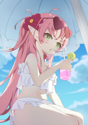 Rule 34 | 1girl, absurdres, arknights, bare arms, bare shoulders, beach umbrella, bikini, blue sky, blurry, blurry background, chi jiecao de tianshi, cloud, collarbone, commentary request, crazy straw, cup, day, depth of field, drinking glass, drinking straw, eyewear on head, flower, food, fruit, green eyes, hair flower, hair ornament, heart, heart-shaped eyewear, highres, holding, holding cup, lemon, lemon slice, long hair, myrtle (arknights), myrtle (summer flowers) (arknights), outdoors, parted bangs, parted lips, pink hair, pointy ears, red flower, sky, solo, swimsuit, two side up, umbrella, very long hair, white bikini