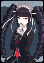 Rule 34 | 1girl, black border, black hair, black jacket, black nails, blunt bangs, border, cappuccino1, celestia ludenberg, claw ring, collared shirt, cowboy shot, danganronpa: trigger happy havoc, danganronpa (series), drill hair, earrings, gothic lolita, hand up, headdress, highres, jacket, jewelry, lace, lace-trimmed jacket, lace-trimmed skirt, lace trim, lolita fashion, long hair, nail polish, necktie, open clothes, open jacket, outside border, red eyes, red necktie, shirt, skirt, smile, solo, twin drills, twintails, white shirt