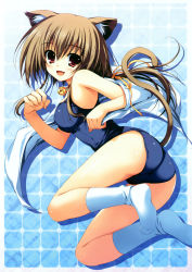 Rule 34 | 1girl, :d, absurdres, animal ears, armpits, ass, bare shoulders, breasts, brown hair, fang, feet, female focus, fingernails, highres, kneehighs, legs, one-piece swimsuit, open mouth, original, paw pose, red eyes, school swimsuit, shadow, smile, socks, solo, swimsuit, tail, thighs, tomose shunsaku