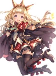 Rule 34 | 1girl, absurdres, black thighhighs, blonde hair, blunt bangs, boots, bow, cagliostro (granblue fantasy), cross-laced footwear, granblue fantasy, high heel boots, high heels, highres, knee boots, komadori ui, lace-up boots, long hair, purple eyes, skirt, solo, sparkle, thighhighs, thighhighs under boots, tiara, white background