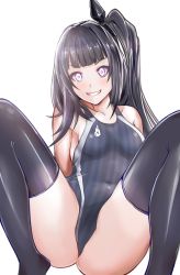 Rule 34 | 1girl, absurdres, aiuti, architect (girls&#039; frontline), black hair, black one-piece swimsuit, black thighhighs, blunt bangs, commentary request, competition swimsuit, feet out of frame, girls&#039; frontline, glowing, grin, highleg, highleg swimsuit, highres, long hair, looking at viewer, one-piece swimsuit, one side up, pink eyes, sangvis ferri, simple background, sitting, smile, solo, spread legs, striped clothes, striped one-piece swimsuit, swimsuit, thighhighs, white background