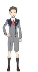 Rule 34 | 10s, 1boy, brown hair, darling in the franxx, full body, hair slicked back, hand on own hip, legwear garter, male focus, mitsuru (darling in the franxx), official art, open mouth, school uniform, shorts, simple background, socks, solo, transparent background