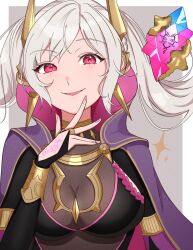 Rule 34 | 1girl, blush, bodystocking, breasts, bridal gauntlets, cape, corruption, dark persona, dragonstone, evil smile, fire emblem, fire emblem awakening, fire emblem heroes, floating, floating hair, floating object, glowing tattoo, gmais2514, grima (fire emblem), hand tattoo, highres, intelligent systems, large breasts, long hair, mixed-language commentary, nintendo, official alternate costume, possessed, possession, purple cape, red eyes, robin (female) (fell tactician) (fire emblem), robin (female) (fire emblem), robin (fire emblem), shirt, smile, solo, swept bangs, tattoo, twintails, white shirt