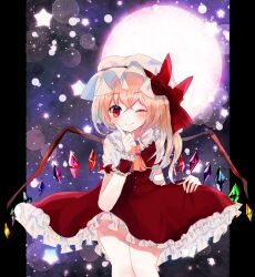 Rule 34 | 1girl, ascot, backlighting, blonde hair, blush, bow, closed mouth, collared shirt, cowboy shot, crystal, flandre scarlet, frilled shirt collar, frilled skirt, frilled sleeves, frills, full moon, hat, hat ribbon, highres, index finger raised, ke-a-ru, light smile, looking at viewer, mob cap, moon, multicolored wings, one eye closed, one side up, pillarboxed, puffy short sleeves, puffy sleeves, red bow, red eyes, red ribbon, red skirt, red vest, ribbon, shirt, short sleeves, skirt, sleeve bow, sleeve ribbon, solo, star (symbol), touhou, vest, white hat, white shirt, wings, wrist cuffs, yellow ascot