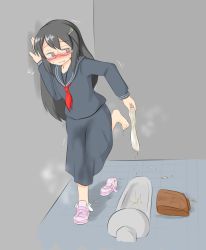 Rule 34 | 1girl, bag, bathroom, black hair, black sailor collar, black shirt, black skirt, blush, brown eyes, embarrassed, female focus, flat chest, full body, glasses, grey background, hair ornament, hairclip, half-closed eyes, hand up, highres, holding, indoors, leg up, long hair, long sleeves, looking to the side, mizusoba, neckerchief, nose blush, open mouth, original, pee, peed self, pink footwear, pleated skirt, red neckerchief, sailor collar, school uniform, serafuku, shirt, shoes, single shoe, skirt, socks, solo, squat toilet, standing, standing on one leg, steam, sweat, tears, trembling, undressing, wavy eyes, wet, wet clothes, white socks