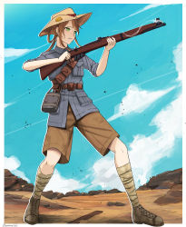 Rule 34 | 1girl, artist name, bandaged leg, bandages, belt, blue jacket, blue sky, bolt action, brown belt, brown footwear, brown hair, brown headwear, brown shorts, commentary, commission, cup, darkpulsegg, english commentary, expressionless, firing, flask, full body, girls&#039; frontline, green eyes, gun, hair ornament, highres, holding, holding cup, jacket, lee-enfield, lee-enfield (girls&#039; frontline), lips, long hair, looking away, rifle, shoes, shorts, simple background, sky, solo, standing, teeth, weapon, wind