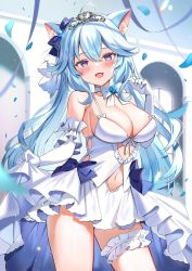 Rule 34 | 1girl, :d, ahoge, animal ear fluff, animal ears, bare shoulders, blue eyes, blue hair, bow, breasts, cat ears, choker, cleavage, clothing cutout, contrapposto, cowboy shot, dress, elbow gloves, frilled dress, frills, gloves, hair bow, hand up, highres, indie virtual youtuber, kanase ito, large breasts, bridal garter, long hair, looking at viewer, navel cutout, no bra, open mouth, petals, satoupote, sleeveless, sleeveless dress, smile, solo, spaghetti strap, standing, thighs, tiara, virtual youtuber, white bow, white choker, white dress, white gloves