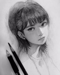 Rule 34 | 1girl, art tools in frame, closed mouth, ear piercing, earrings, facial mark, graphite (medium), greyscale, heart, highres, jewelry, looking at viewer, monochrome, necklace, original, pencil, photo (medium), piercing, portrait, shirt, solo, te&#039;resa, traditional media, wataboku