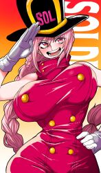 Rule 34 | 1girl, adjusting clothes, alternate costume, artist request, bare arms, bare shoulders, braid, braided ponytail, breasts, cosplay, curvy, female focus, gloves, hat, highres, large breasts, long hair, looking at viewer, official alternate costume, one piece, open mouth, pink hair, rebecca (one piece), shiny skin, single braid, smile, solo, white gloves, wide hips